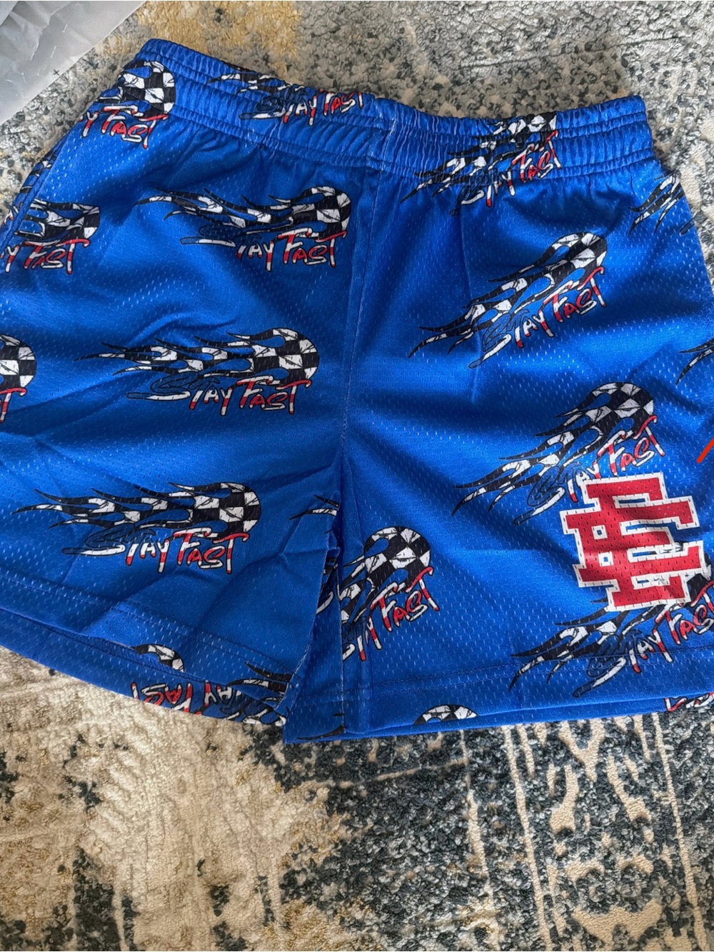 Eric Emanuel Blue Athletic Mesh Shorts with Racing Graphic - Picture 1 of 2